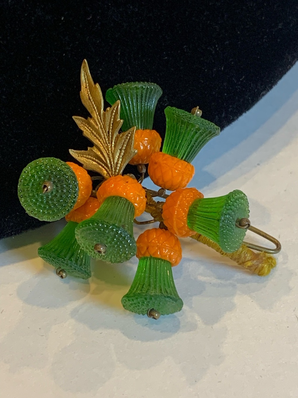 Vintage Czech Glass Flower Bouquet Brooch Orange Green Silk Wrapped Stem